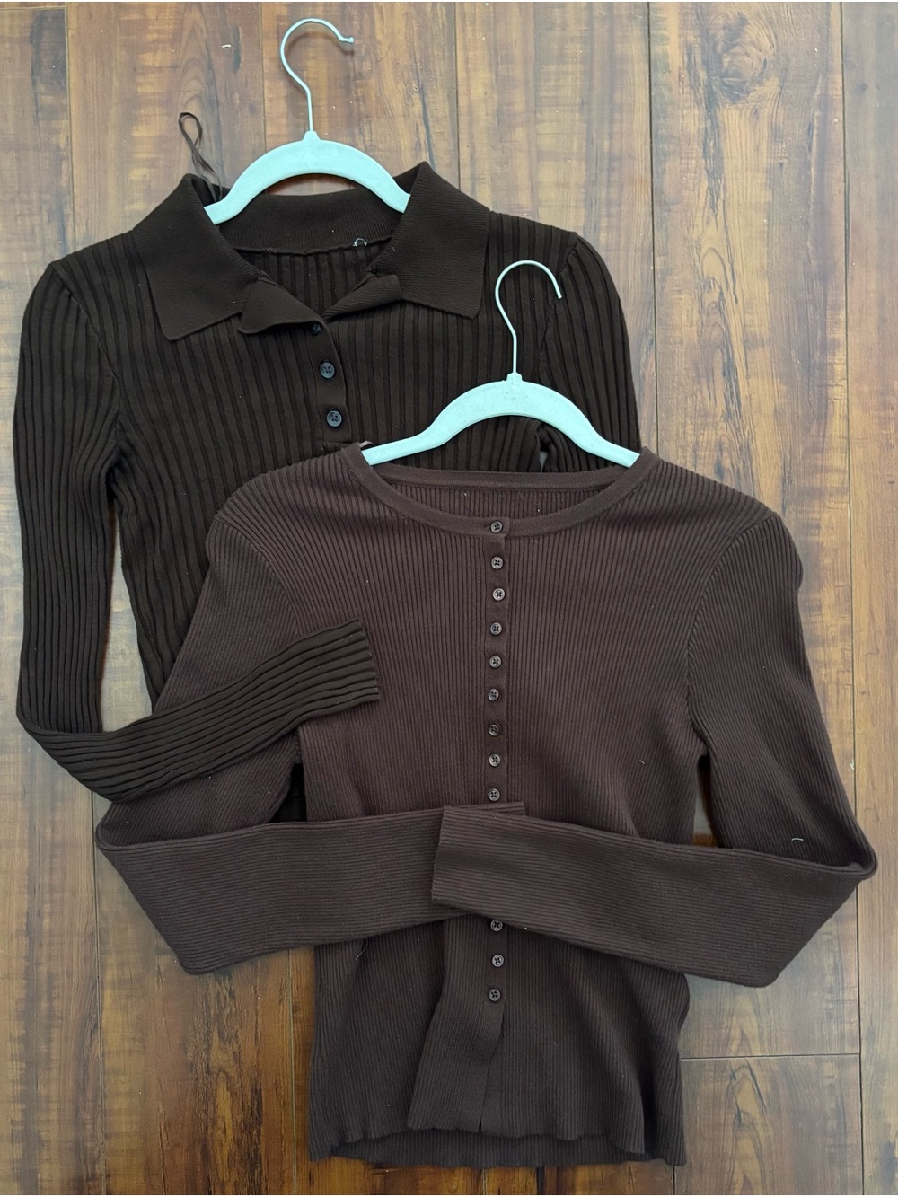 Ribbed Long Sleeve Brown Tops - Set of 2